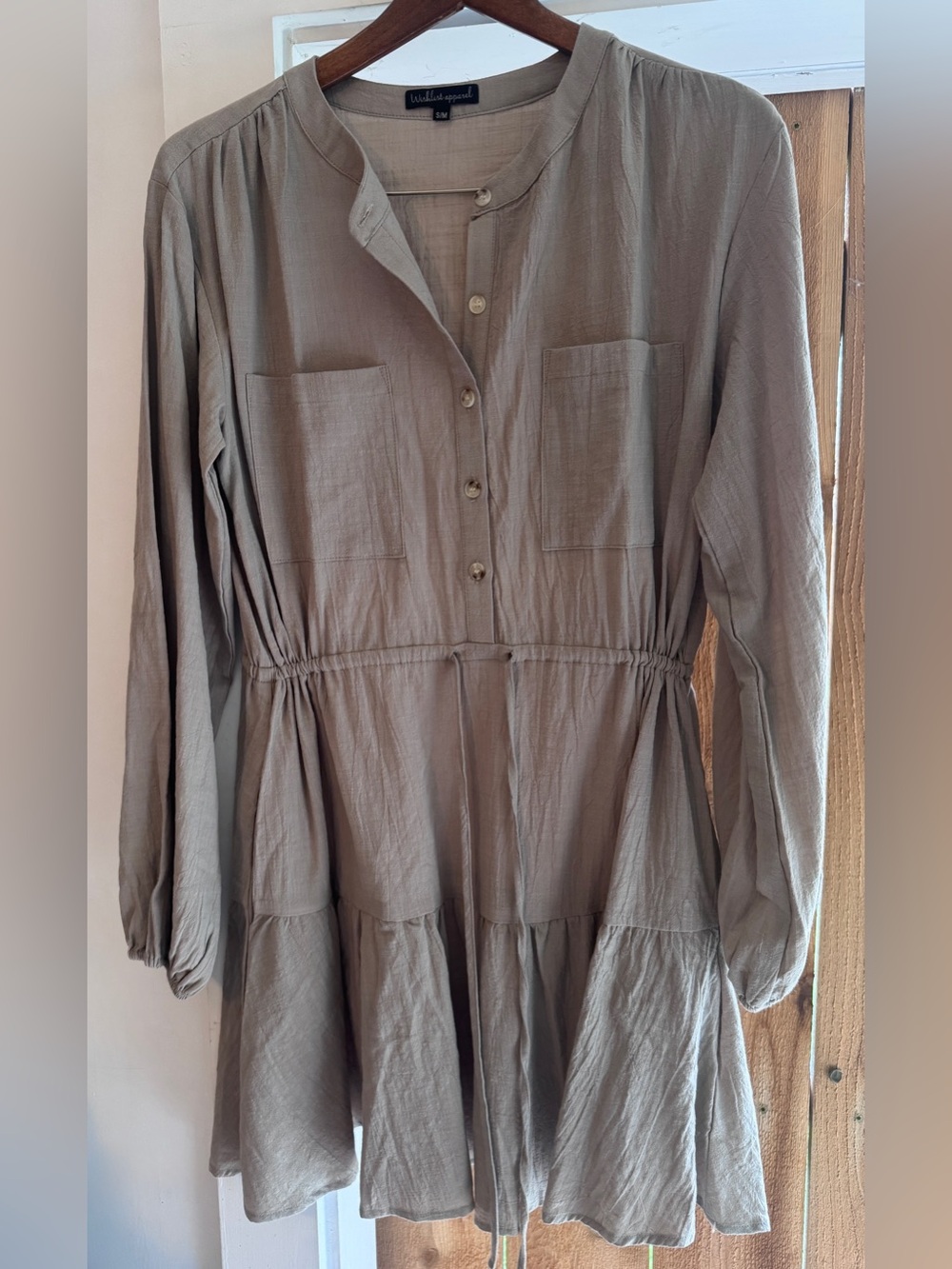 Long Sleeve Tiered Shirt Dress in Olive Gray
